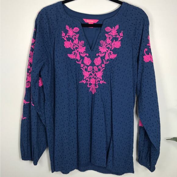 Lilly Pulitzer Emberline Navy Bayside Embroidery Eyelet Top M Preppy Coquette - Picture 2 of 9